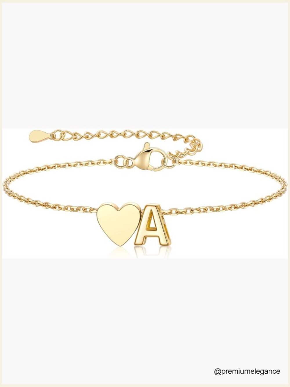 Initial Heart Bracelet Charm with Adjustable Chain Dainty Gold